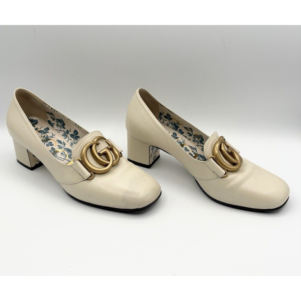Gucci Victoire GG Block Heel Pumps White/Cream Leather Gold GG Buckle Sz EU 36 - Picture 2 of 14
